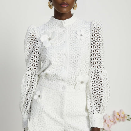 Rebecca White Blouse and Shorts Faux Flower Crystal Set