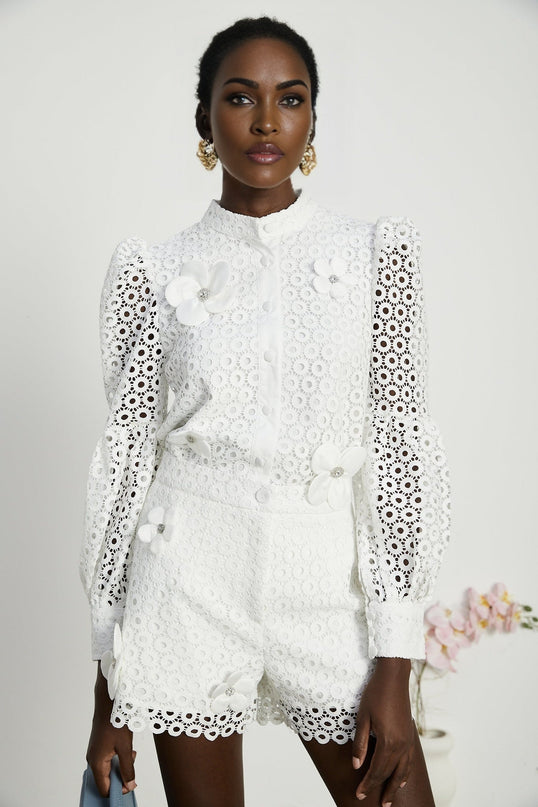 Rebecca White Blouse and Shorts Faux Flower Crystal Set