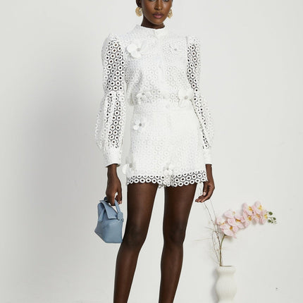 Rebecca White Blouse and Shorts Faux Flower Crystal Set