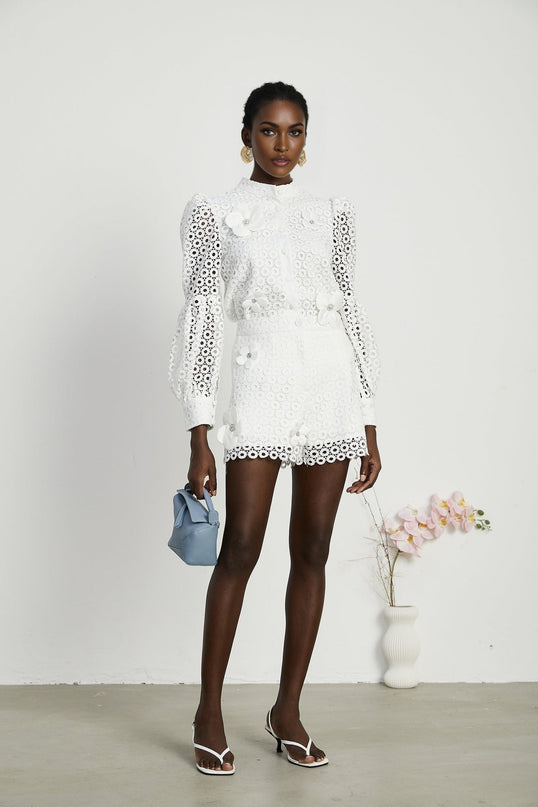 Rebecca White Blouse and Shorts Faux Flower Crystal Set