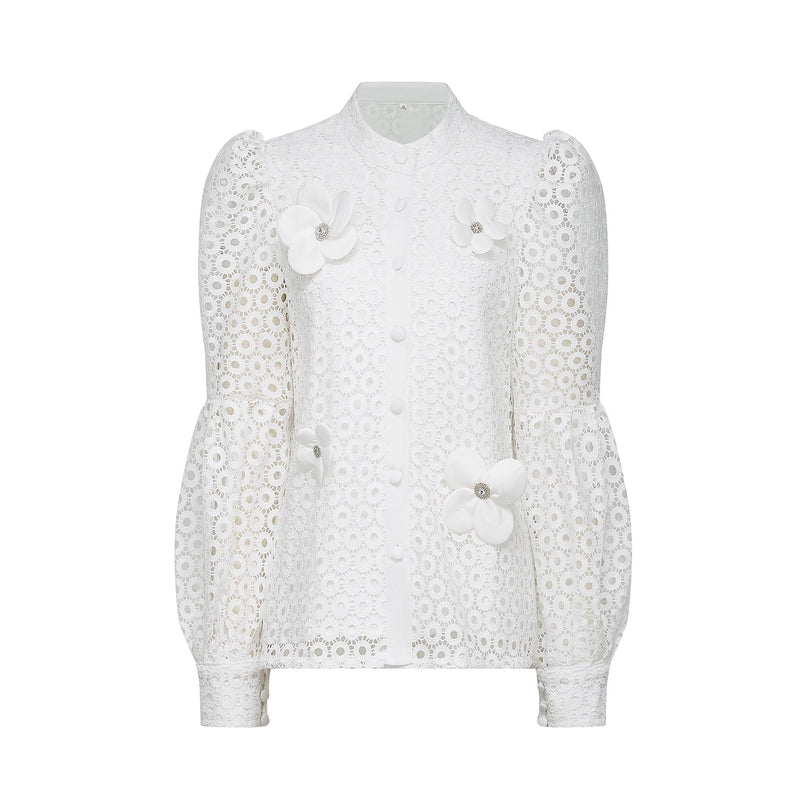 Rebecca White Blouse and Shorts Faux Flower Crystal Set
