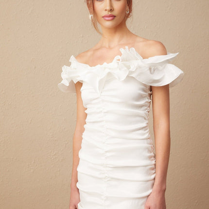 Rebecca White Mini Dress with Off-Shoulder Design and Ruffled Silhouette in Polyester and Rayon Blend