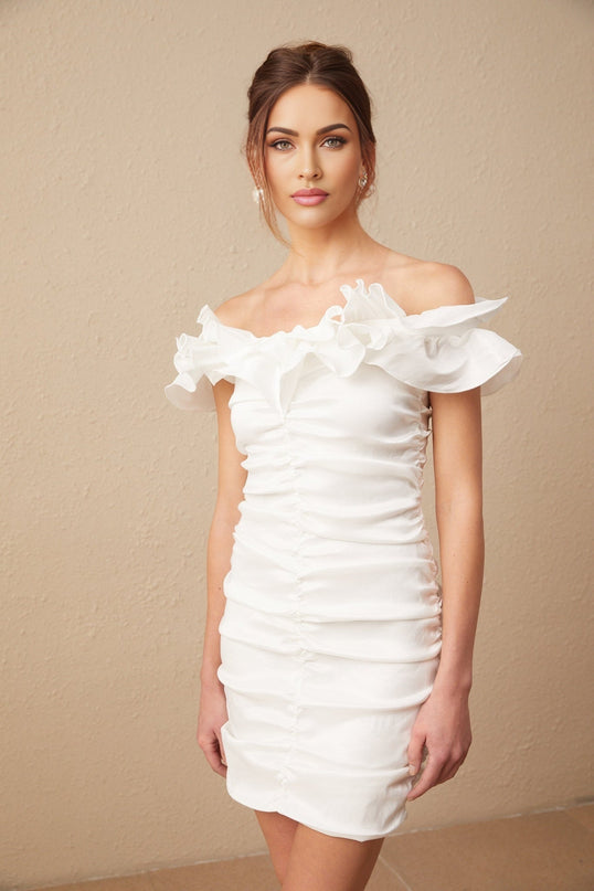 Rebecca White Mini Dress with Off-Shoulder Design and Ruffled Silhouette in Polyester and Rayon Blend
