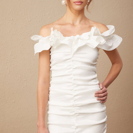Rebecca White Mini Dress with Off-Shoulder Design and Ruffled Silhouette