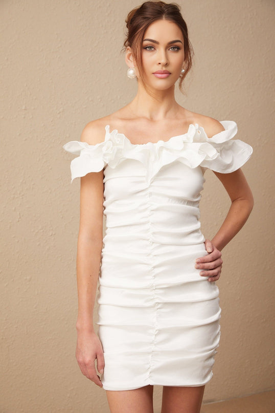 Rebecca White Mini Dress with Off-Shoulder Design and Ruffled Silhouette