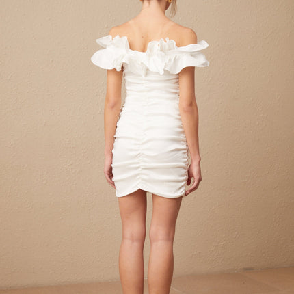 Rebecca White Mini Dress Off-Shoulder Ruffled Silhouette Polyester Rayon Blend