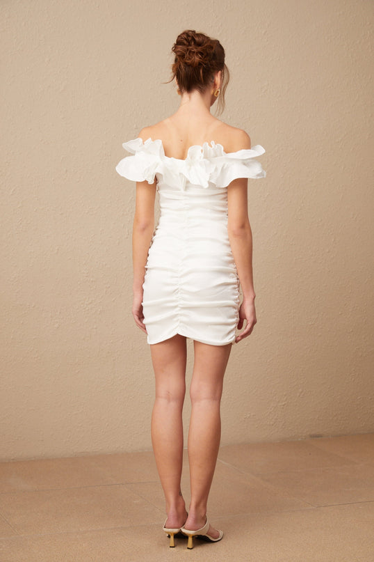 Rebecca White Mini Dress Off-Shoulder Ruffled Silhouette Polyester Rayon Blend