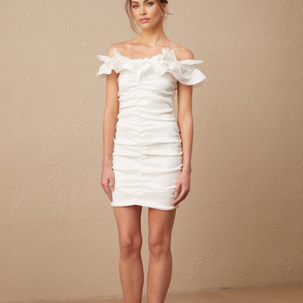 Rebecca White Off-Shoulder Ruffled Mini Dress in Polyester Rayon Blend