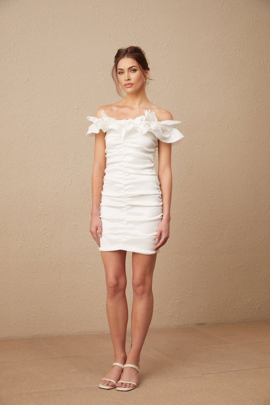 Rebecca White Off-Shoulder Ruffled Mini Dress in Polyester Rayon Blend