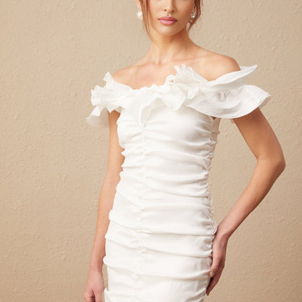 Rebecca White Off-Shoulder Ruffled Mini Dress in Polyester Rayon Blend
