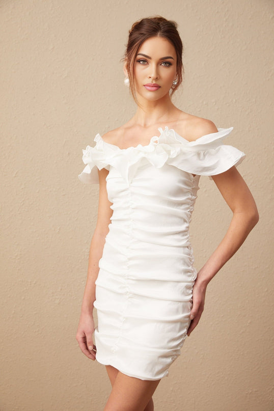 Rebecca White Off-Shoulder Ruffled Mini Dress in Polyester Rayon Blend