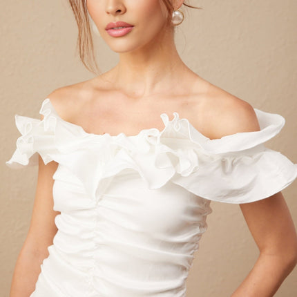 Rebecca White Off-Shoulder Ruffled Mini Dress in Polyester Rayon Blend