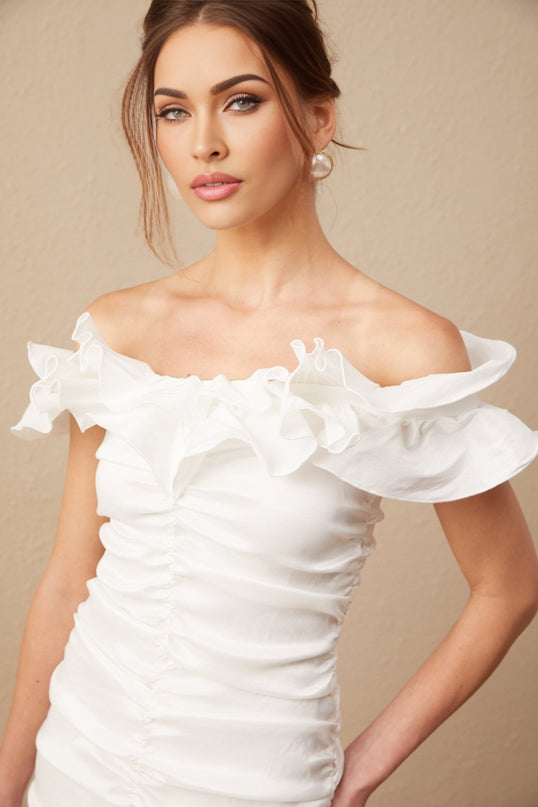 Rebecca White Off-Shoulder Ruffled Mini Dress in Polyester Rayon Blend