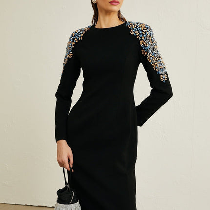 Rebekah Black Crystal Embellished Midi Dress with Zippered Cuffs