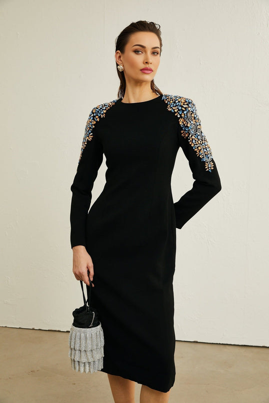 Rebekah Black Crystal Embellished Midi Dress with Zippered Cuffs