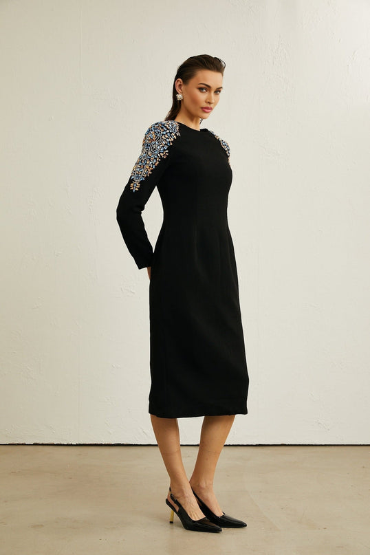 Rebekah Black Crystal Embellished Midi Dress