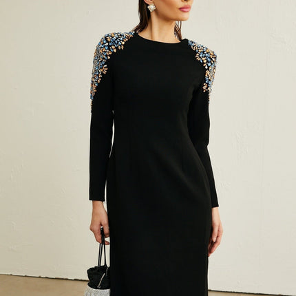 Rebekah Black Crystal Embellished Midi Dress