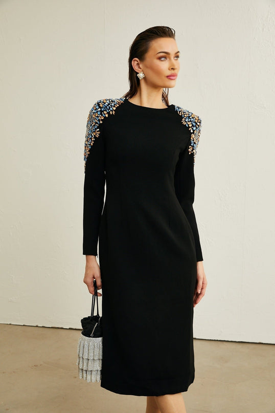 Rebekah Black Crystal Embellished Midi Dress