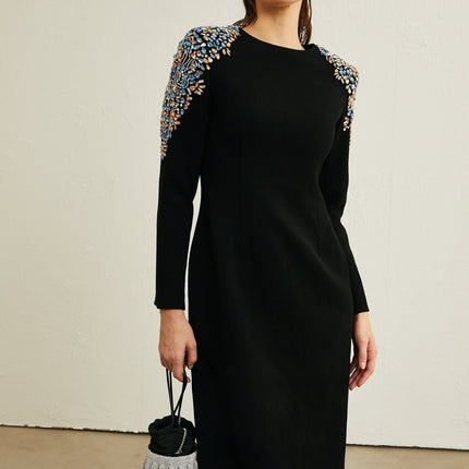 Rebekah Black Crystal Embellished Midi Dress