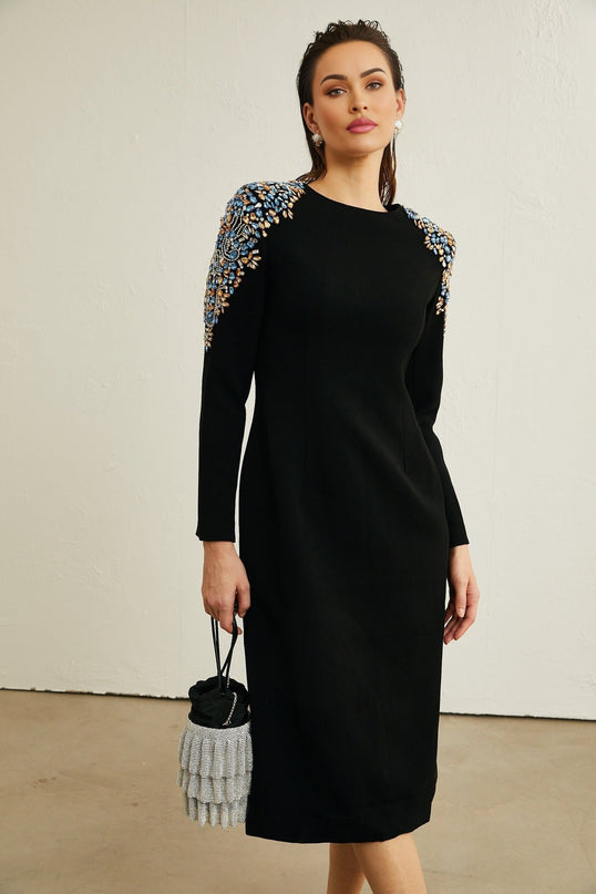 Rebekah Black Crystal Embellished Midi Dress