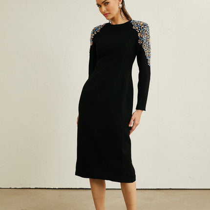 Rebekah Black Crystal Embellished Midi Dress