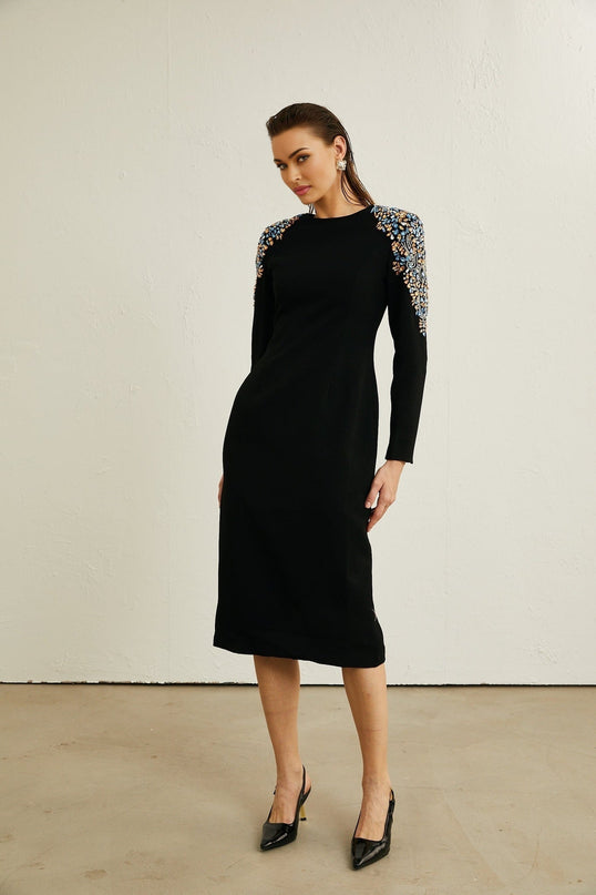 Rebekah Black Crystal Embellished Midi Dress