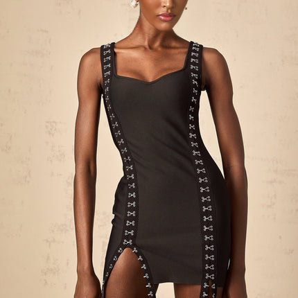 Rebekah Black Mini Dress with Ribbon Split Hem and Fitted Silhouette