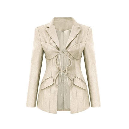 Rebekah Neutrals Blazer Lapel Tie-up Fitted Silhouette Long Sleeves Inset Pockets Cotton Polyester Front Tie-up Fastening