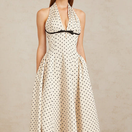 Rebekah White Polka Dot Halterneck Midi Dress with Bow Embellishment