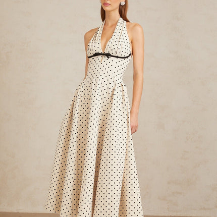 Rebekah White Polka Dot Halterneck Midi Dress with Bow Embellishment