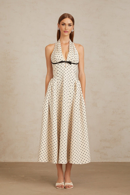 Rebekah White Polka Dot Halterneck Midi Dress with Bow Embellishment