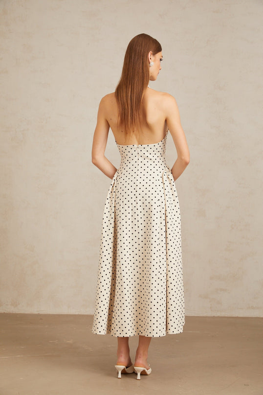 Rebekah White Polka Dot Halterneck Midi Dress with Bow Embellishment