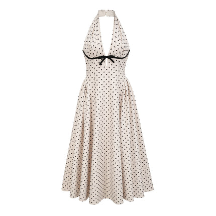 Rebekah White Polka Dot Halterneck Midi Dress with Bow Embellishment