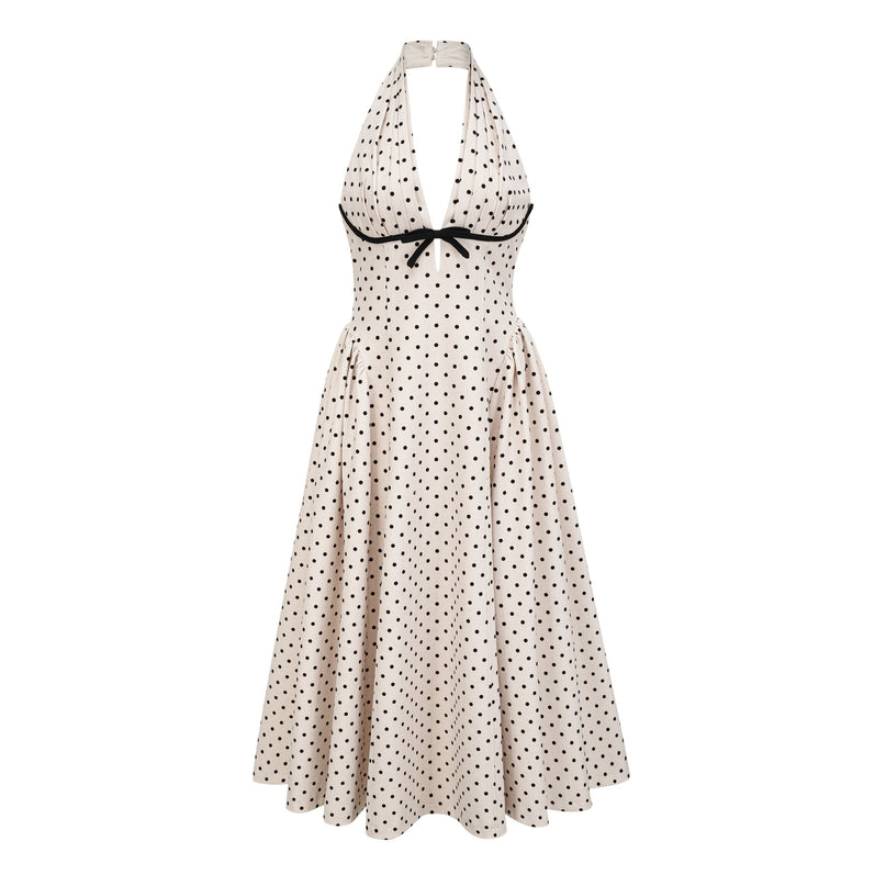 Rebekah White Polka Dot Halterneck Midi Dress with Bow Embellishment