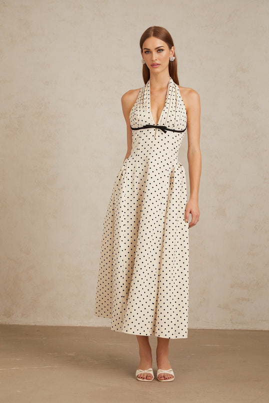 Rebekah White Polka Dot Halterneck Midi Dress with Bow Embellishment