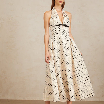 Rebekah White Polka Dot Halterneck Midi Dress with Bow Embellishment