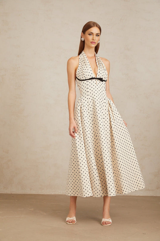 Rebekah White Polka Dot Halterneck Midi Dress with Bow Embellishment