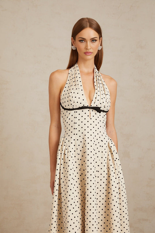 Rebekah White Polka Dot Halterneck Midi Dress with Bow Embellishment