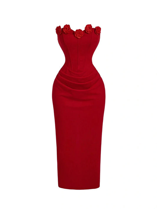 Red 3D Floral Ruched Bodycon Tube Midi Dress For Women Fall Wedding Guest Dress Homecoming New