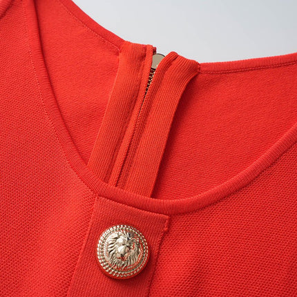 Red A-Line Flare Dress with Gold Buttons