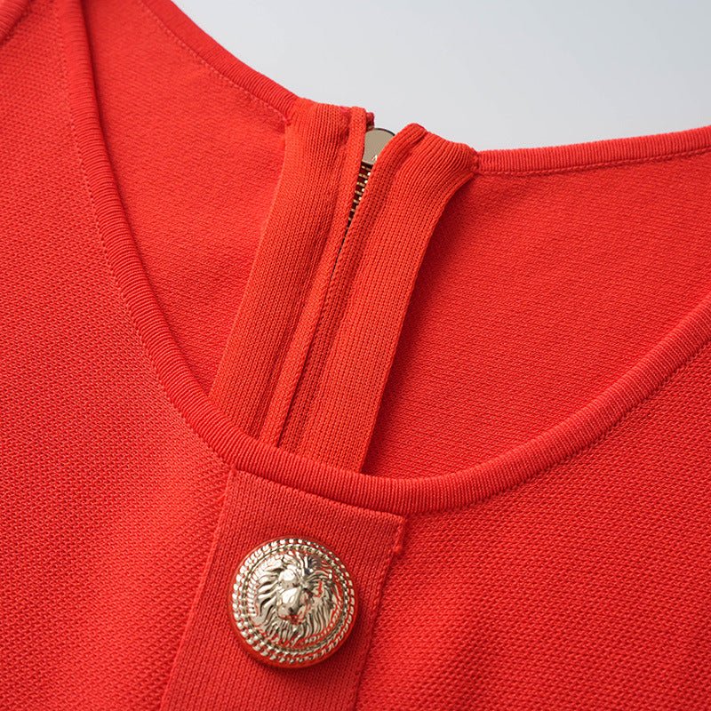 Red A-Line Flare Dress with Gold Buttons