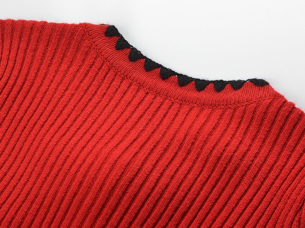 Red A-Line Knit Sweater with Black Accents
