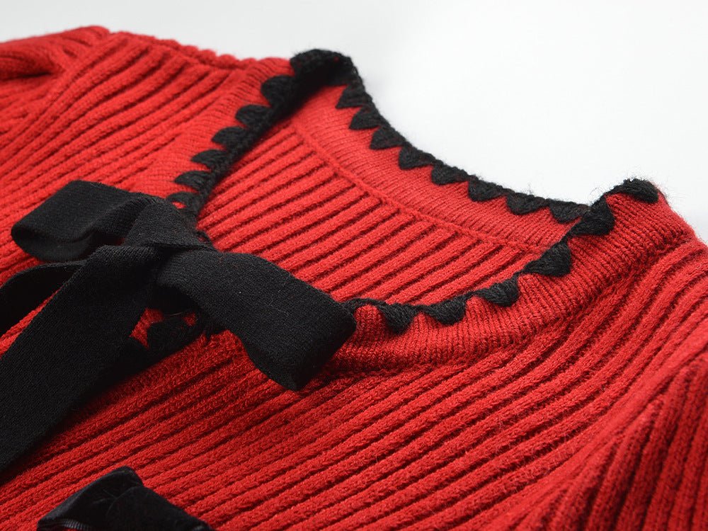 Red A-line Knit Sweater with Black Accents