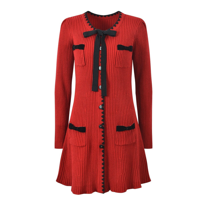 Red A-Line Knit Sweater with Bow Accents and Pockets