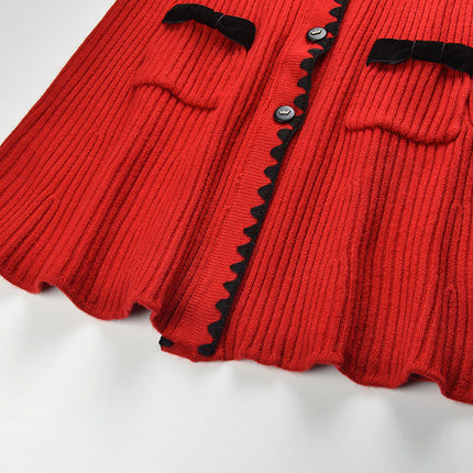 Red A-line Ribbed Texture Sweater Dress with Black Accents