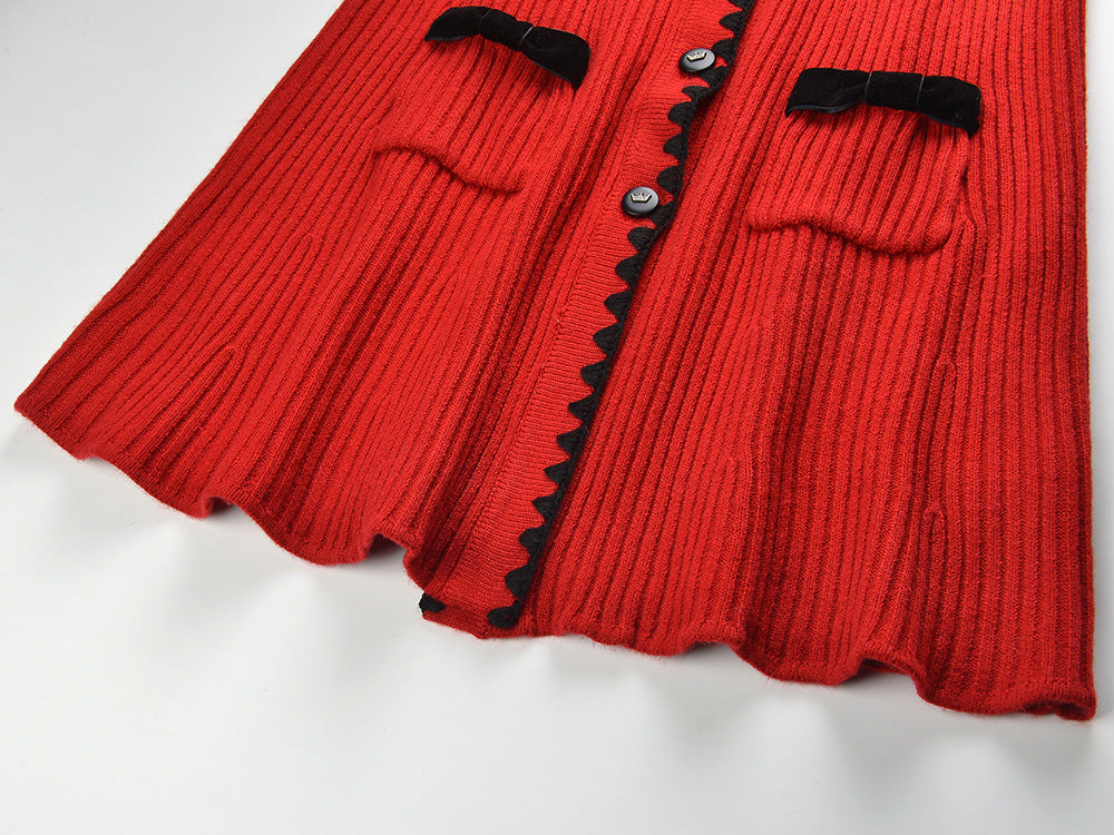 Red A-line Ribbed Texture Sweater Dress with Black Accents