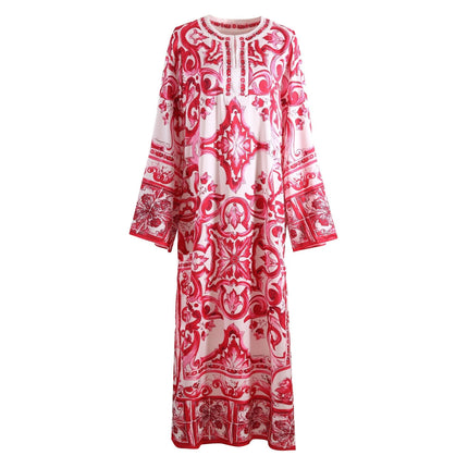 Red and white baroque-inspired maxi dress with wide bell sleeves