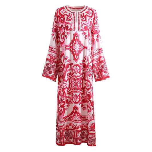 Red and white baroque-inspired maxi dress with wide bell sleeves
