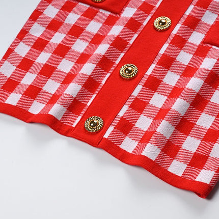 Red and white checkered tailored blazer with gold-tone buttons