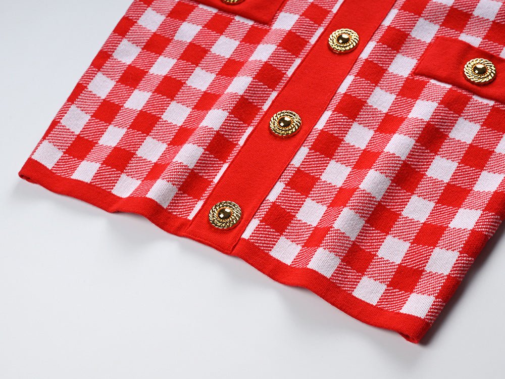 Red and white checkered tailored blazer with gold-tone buttons